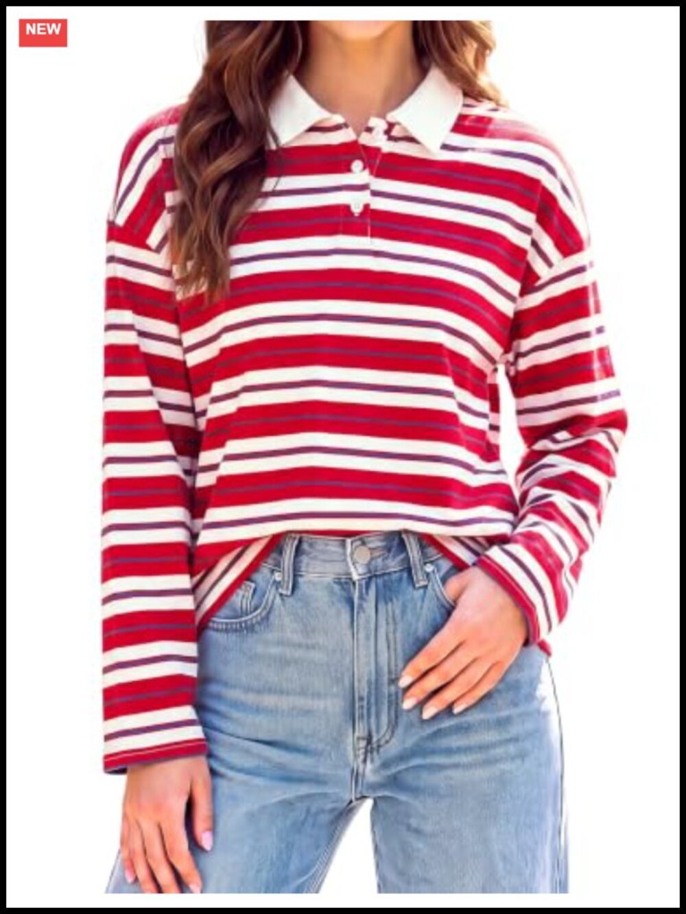 Women's Long Sleeve Rugby Polo Shirt Striped Oversized Y2K Cotton Blend Pullover